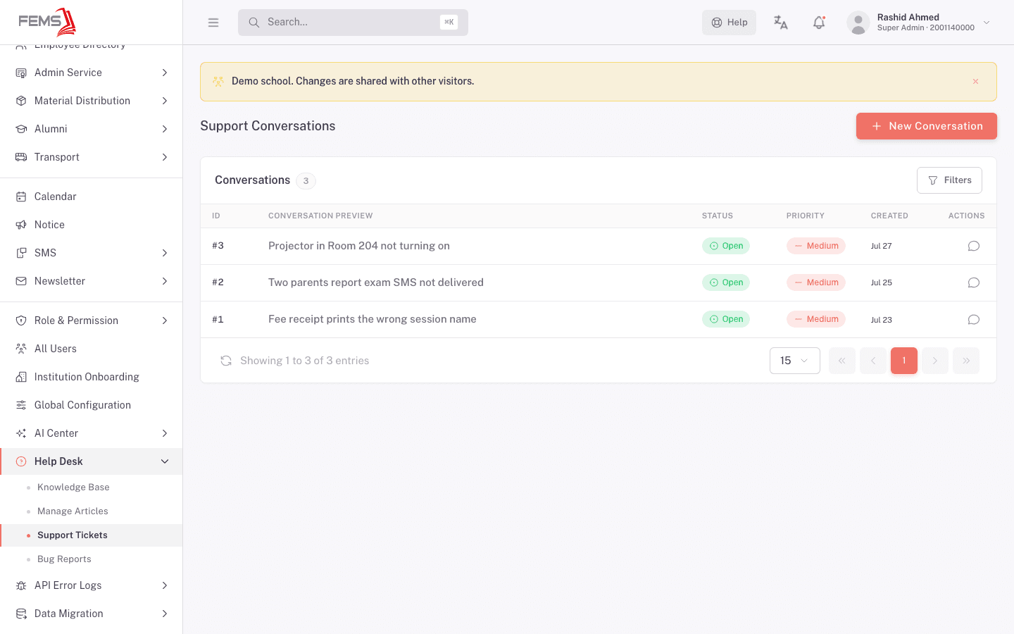 The Support Conversations list, showing existing tickets with status and priority