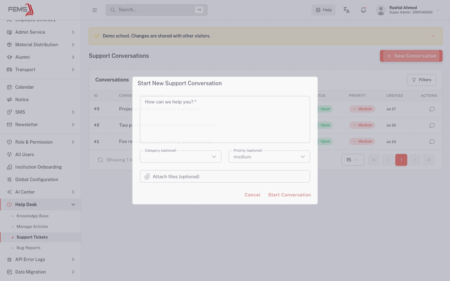 The new support ticket form: description, category, priority, and file attachment