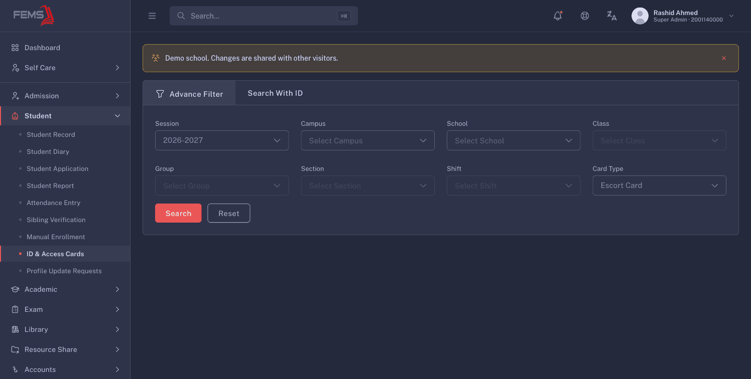 The ID and access cards advanced filters