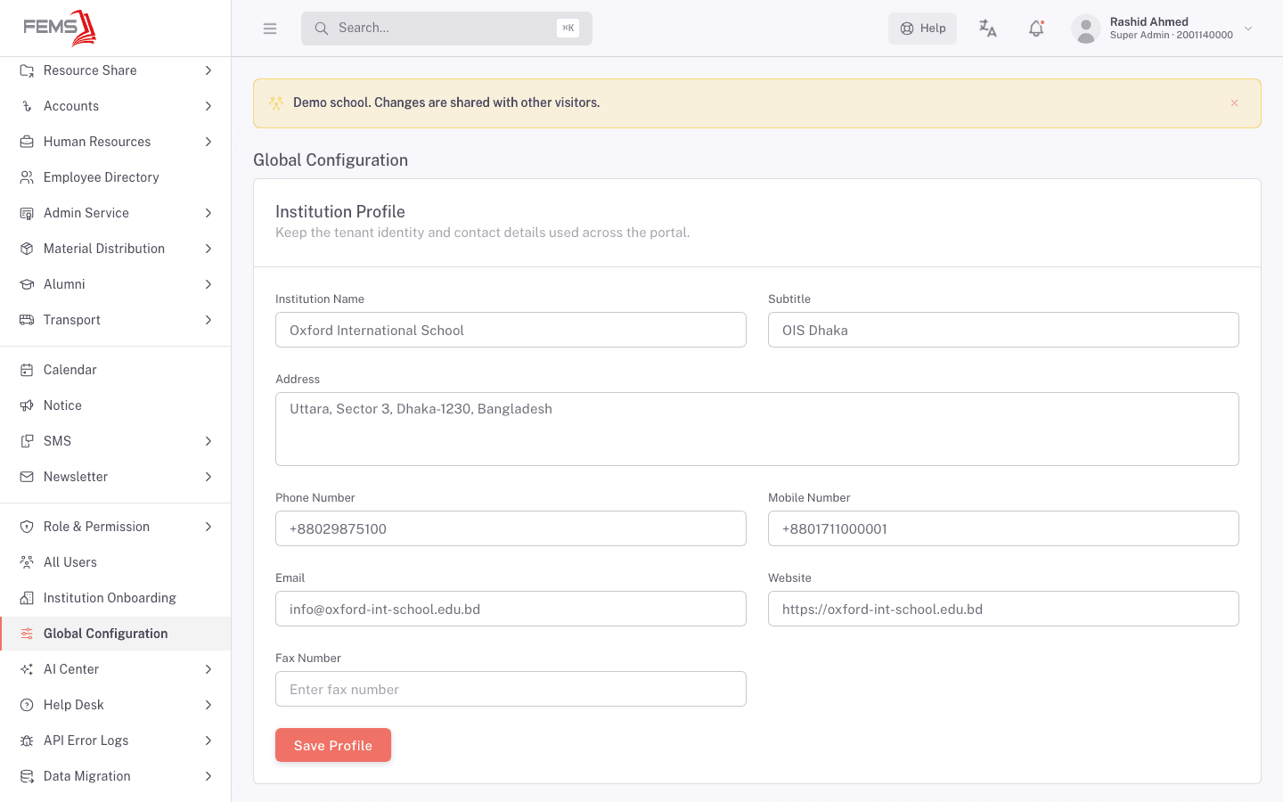 The Global Configuration page where a new institution sets its profile