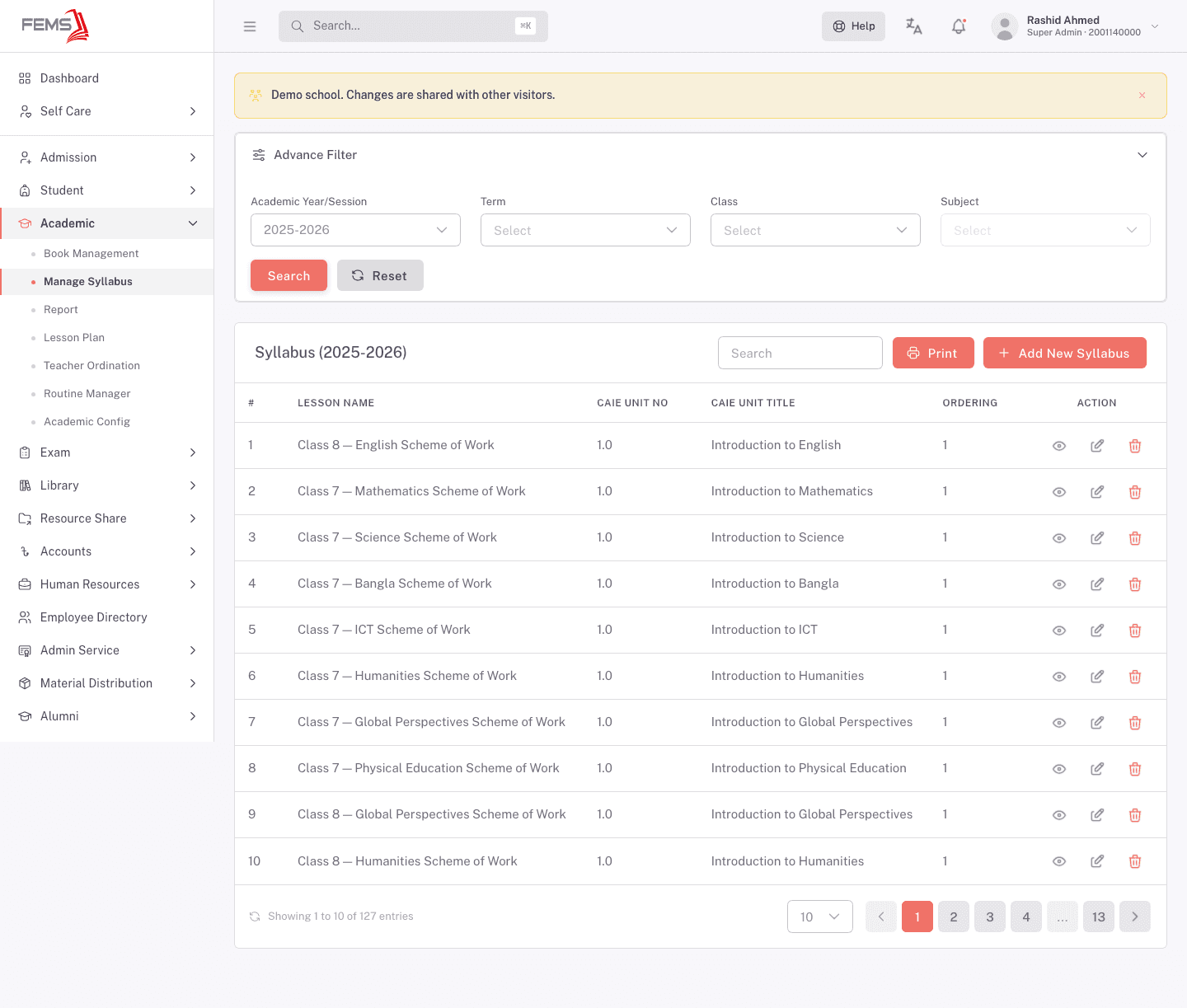 The Manage Syllabus list with the Advance Filter panel above it