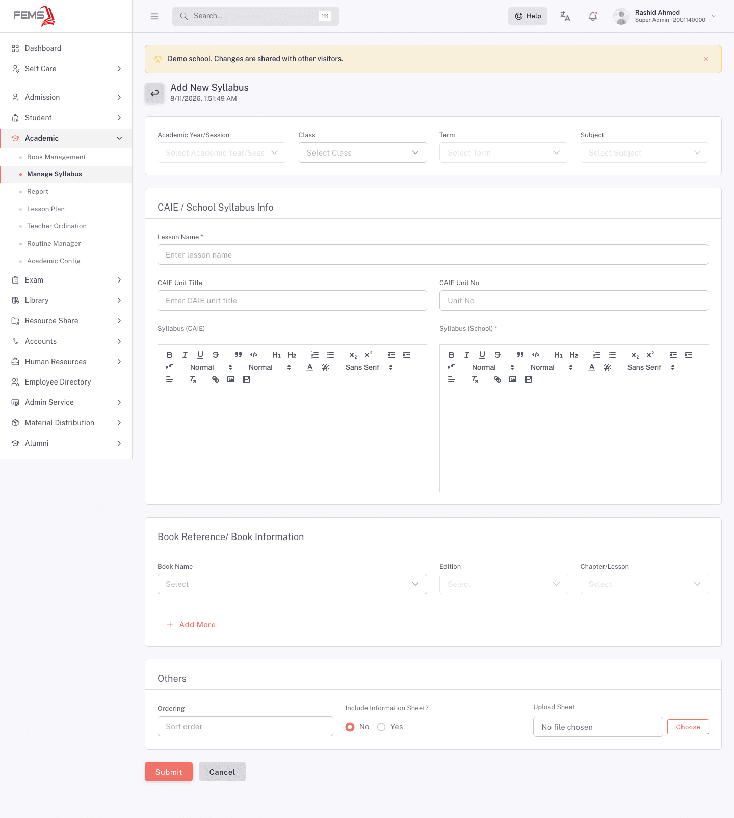 The Add New Syllabus form showing the class and term selectors, dual rich-text editors, and the book reference block
