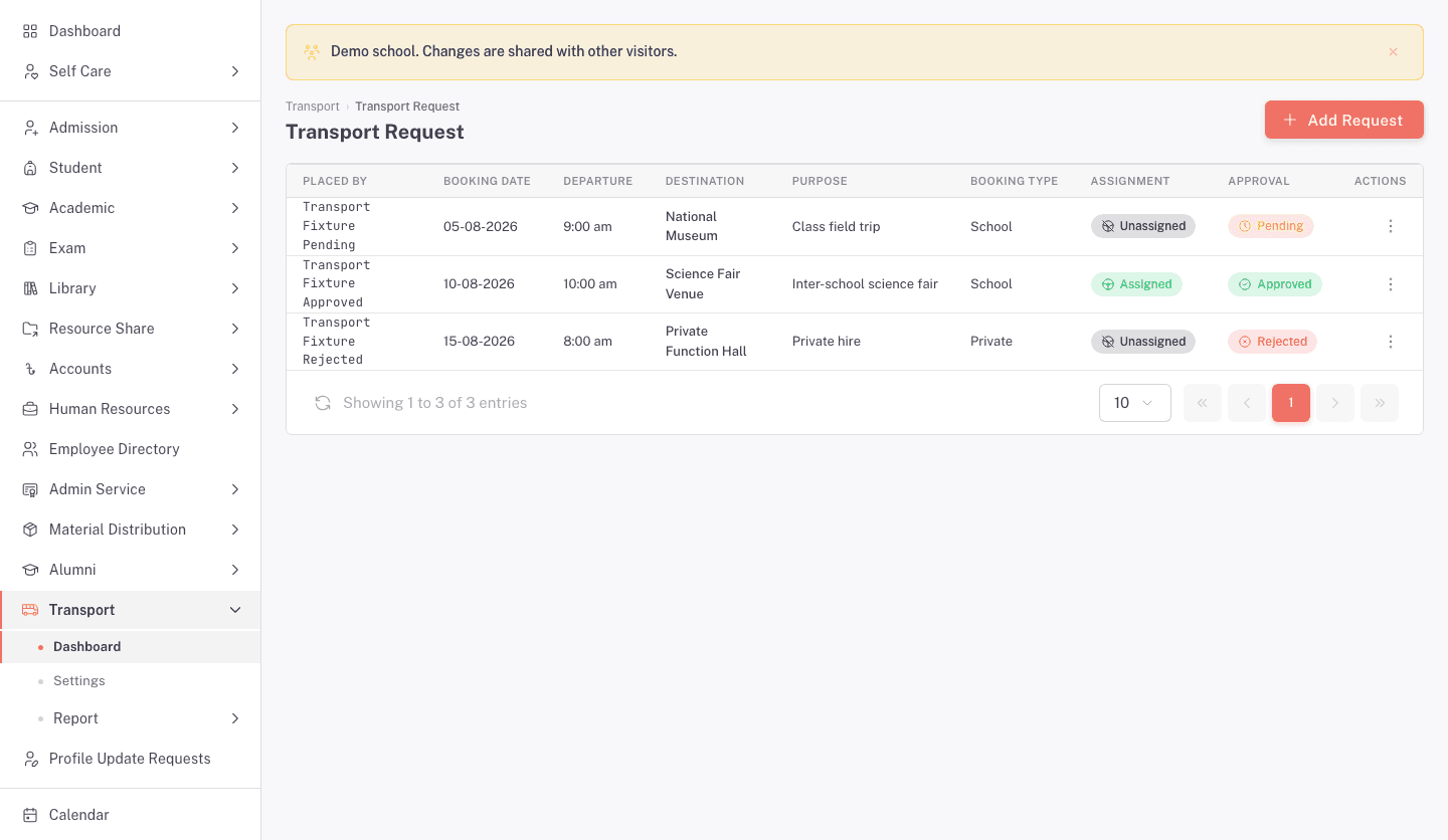 The Transport Request list with pending, approved, rejected, assigned, and unassigned records