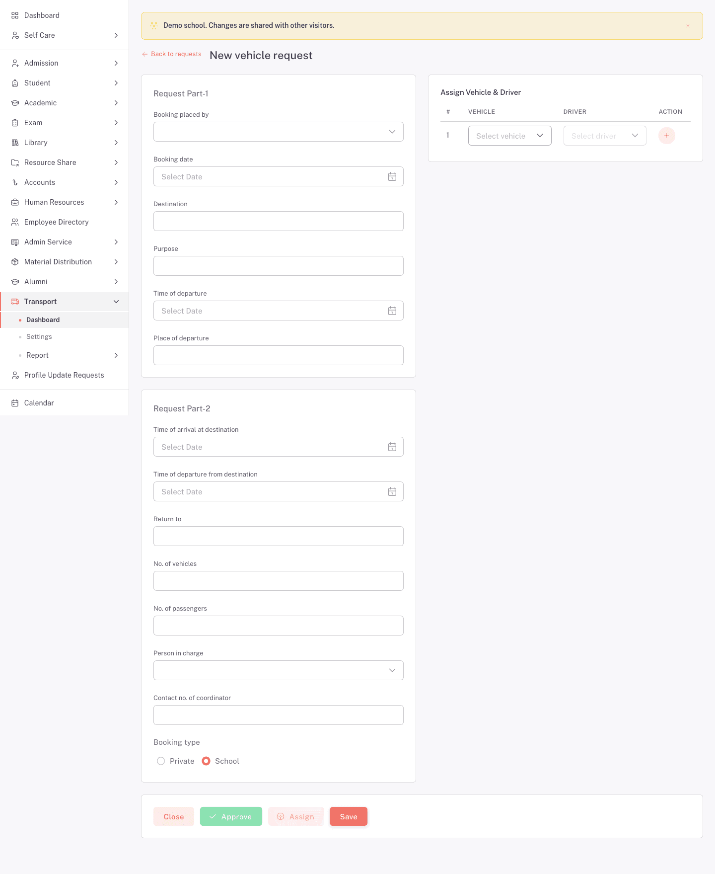 The New vehicle request form with trip, coordinator, vehicle, and driver fields