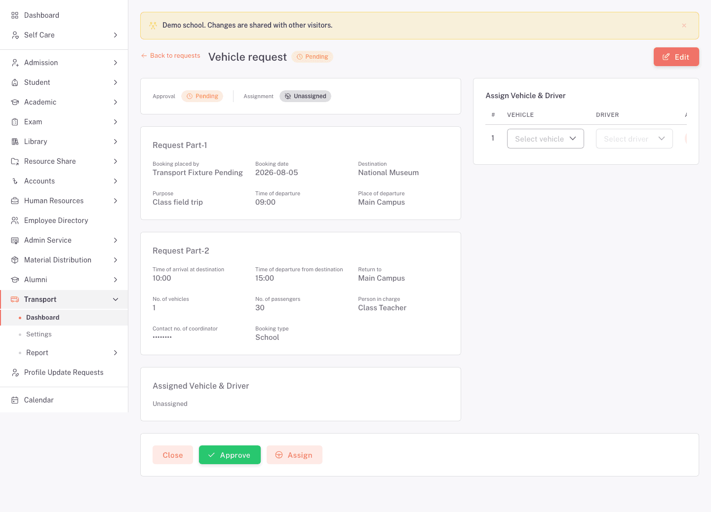 A pending Vehicle request detail with separate approval and assignment states