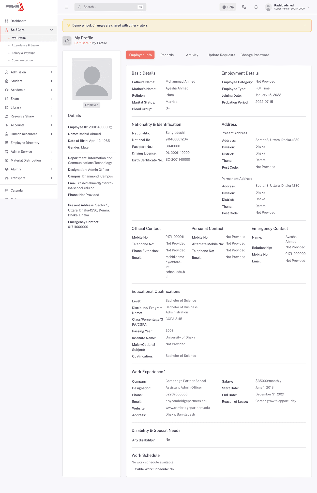 Employee Info tab showing personal, employment, and contact details