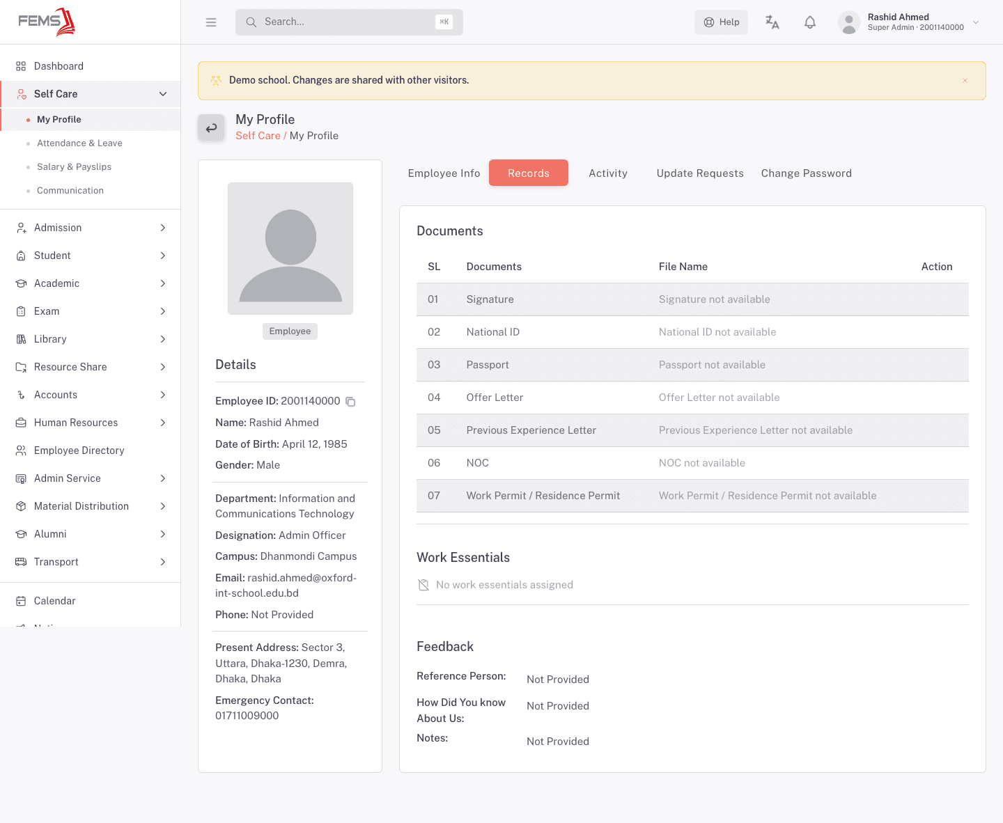 Records tab showing the documents list and feedback section