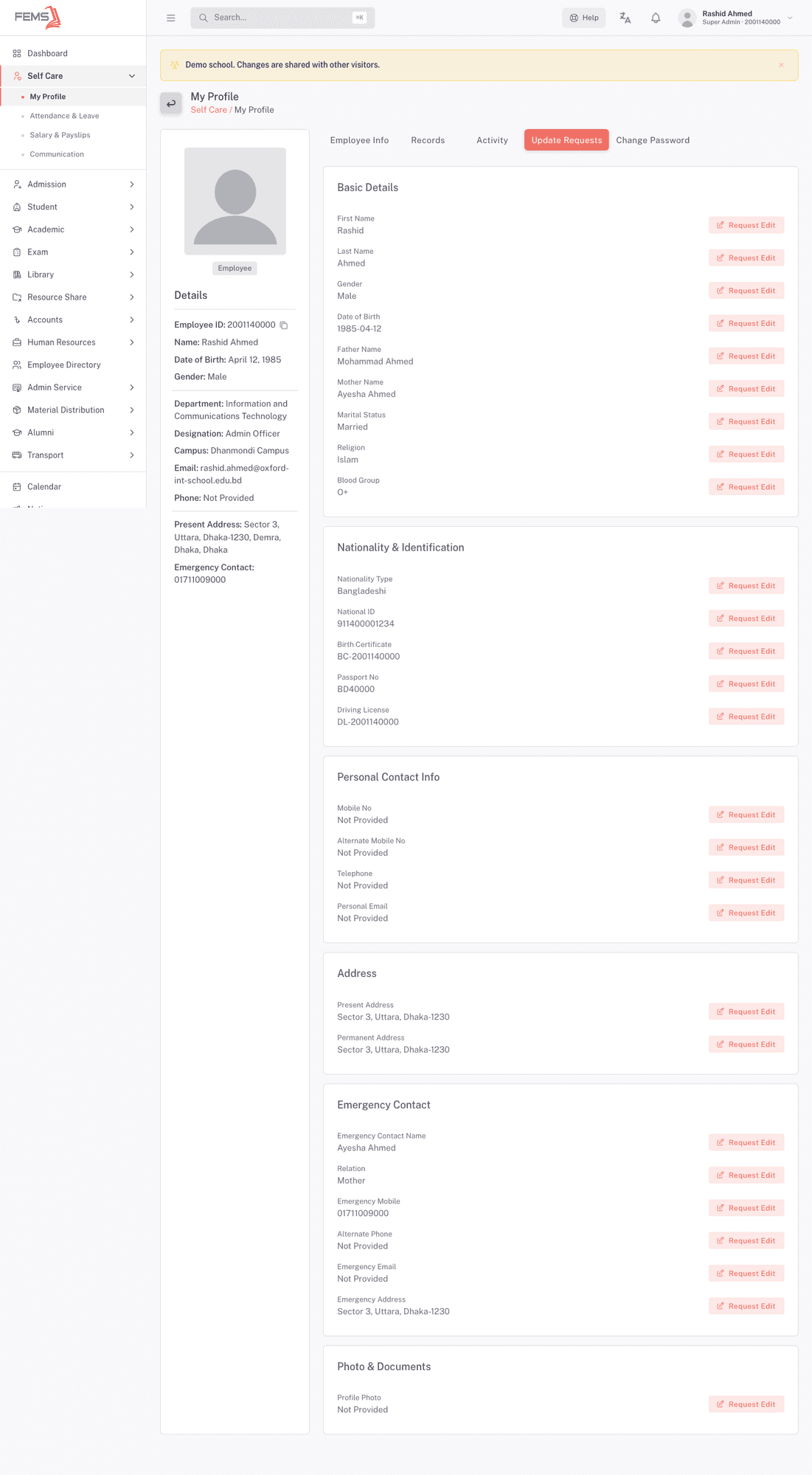Update Requests tab listing every field with a Request Edit button