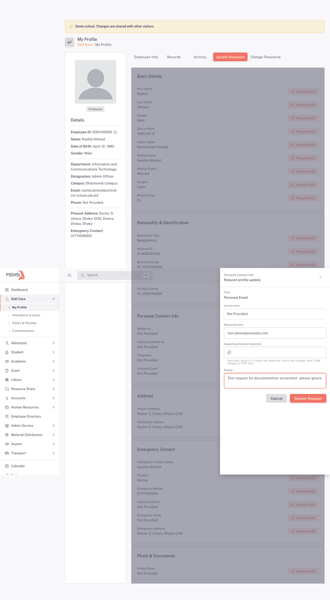 The request-edit form: current value, requested value, optional supporting document, and a required reason
