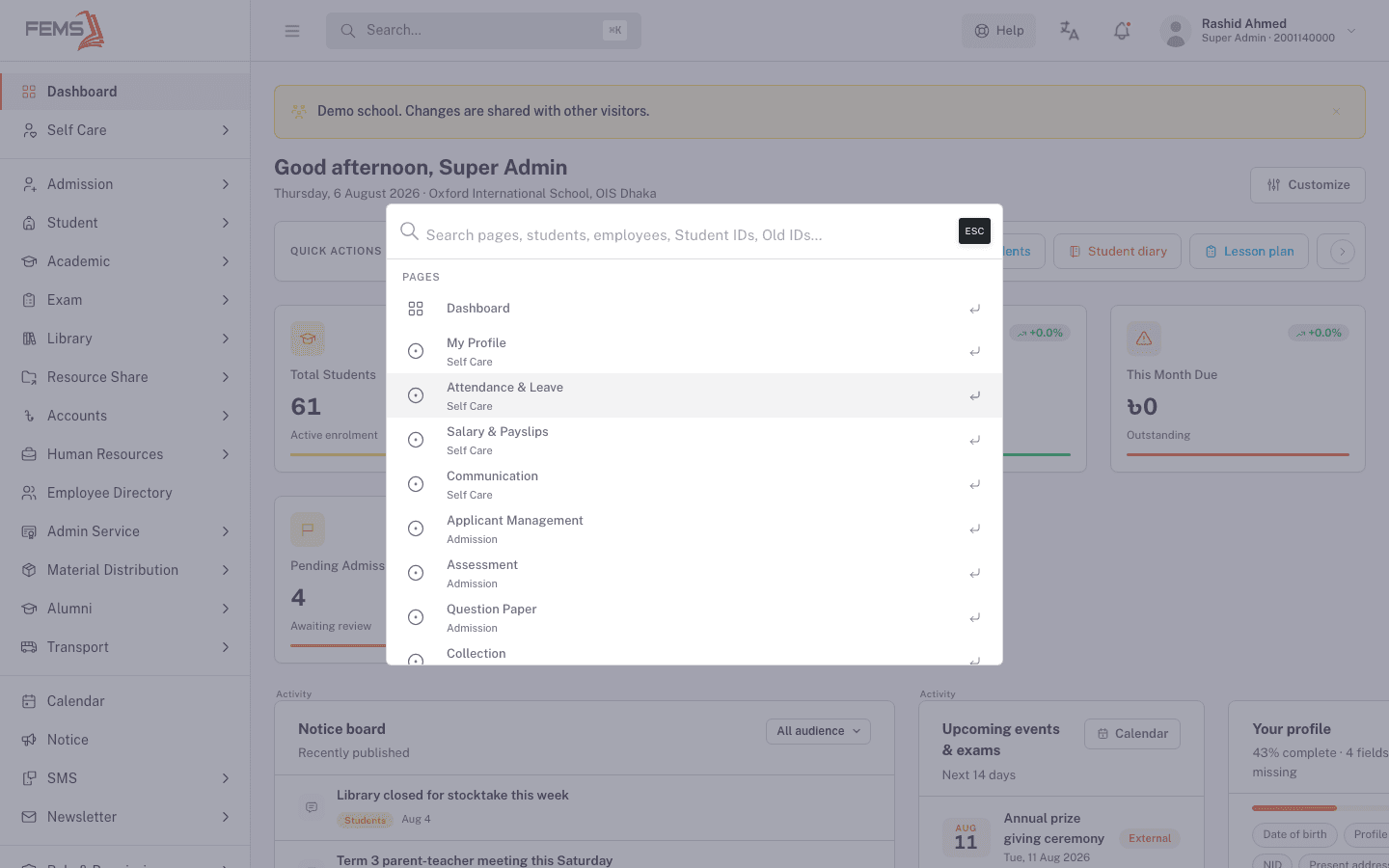 The search palette (left) and the profile menu open from the top bar (right), showing theme and sidebar options above Logout