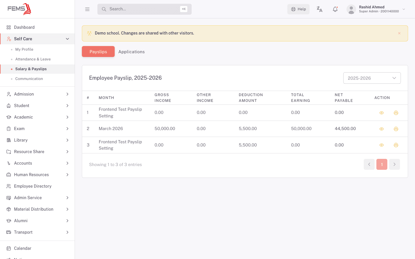 Payslips list for the academic year, one row per month