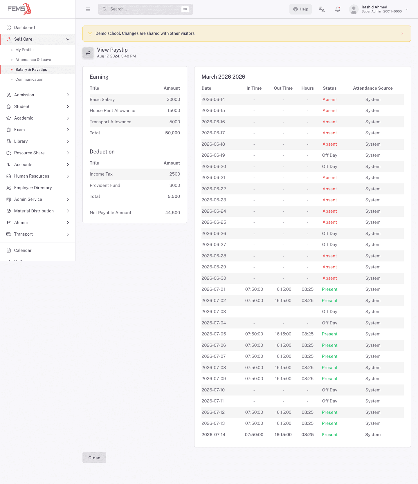 Full payslip view: earning breakdown, deduction breakdown, net payable amount, and the attendance record for the period
