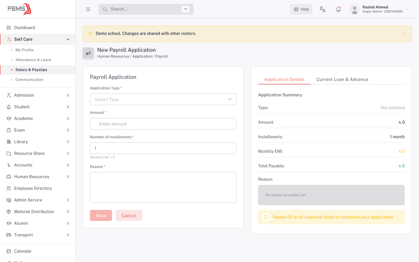 New payroll application form with the Application Type dropdown open, showing Loan as the only type
