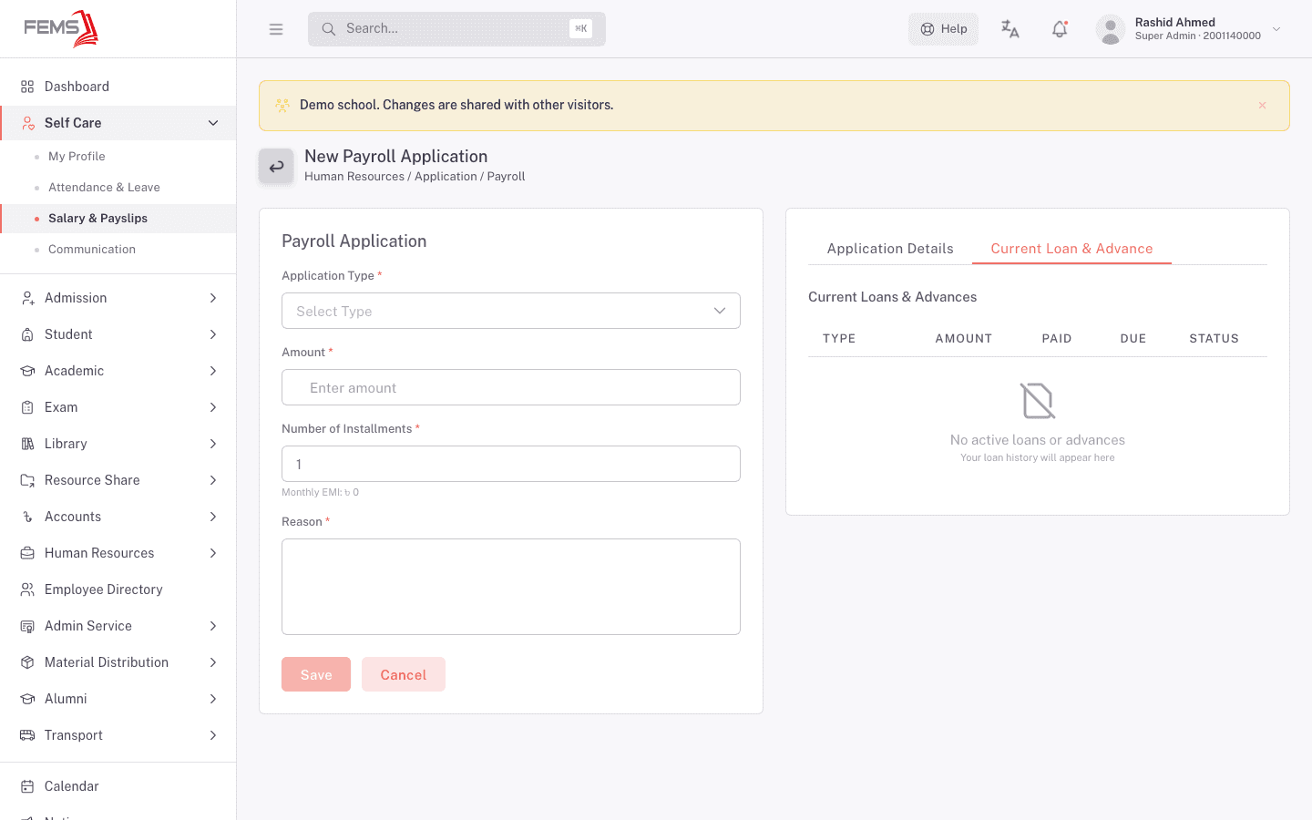 Current Loan & Advance tab, showing type, amount, paid, due, and status for any open loans