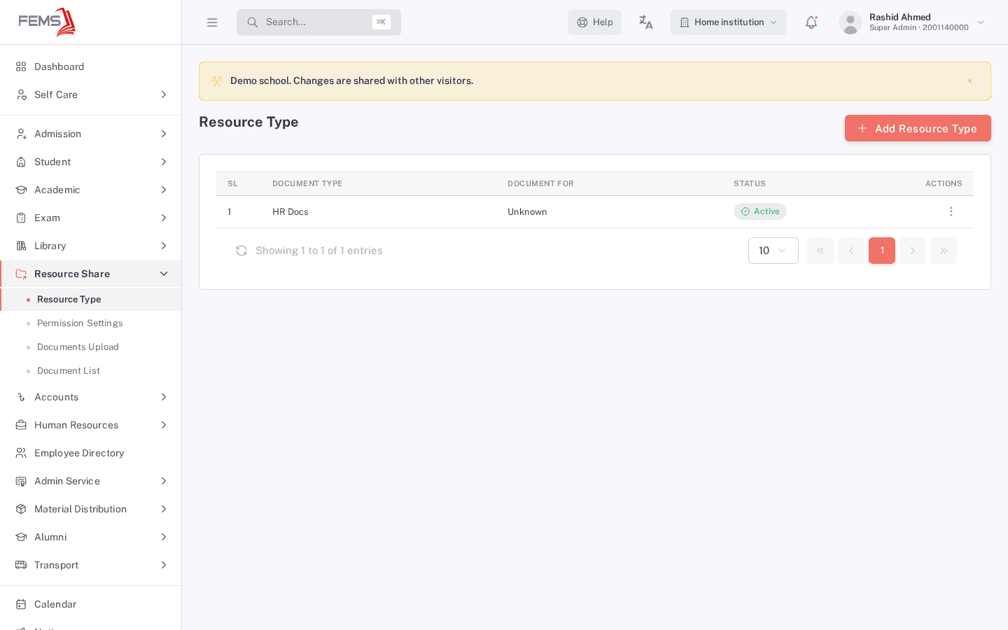 Resource Type list showing one existing document type, HR Docs, marked Active