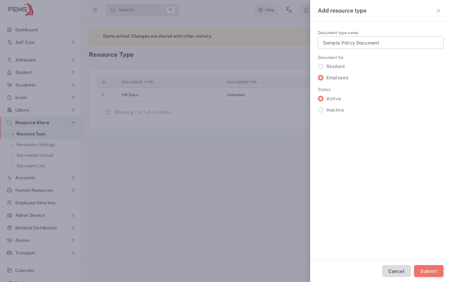 The Add resource type dialog filled in with a document type name, Employee selected under Document for, and Active selected under Status