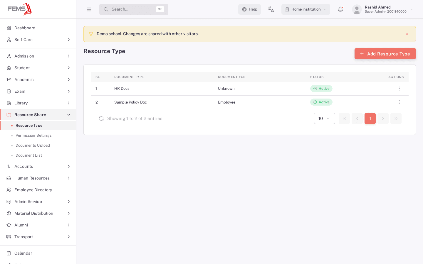 Resource Type list after adding a second type, now showing two rows