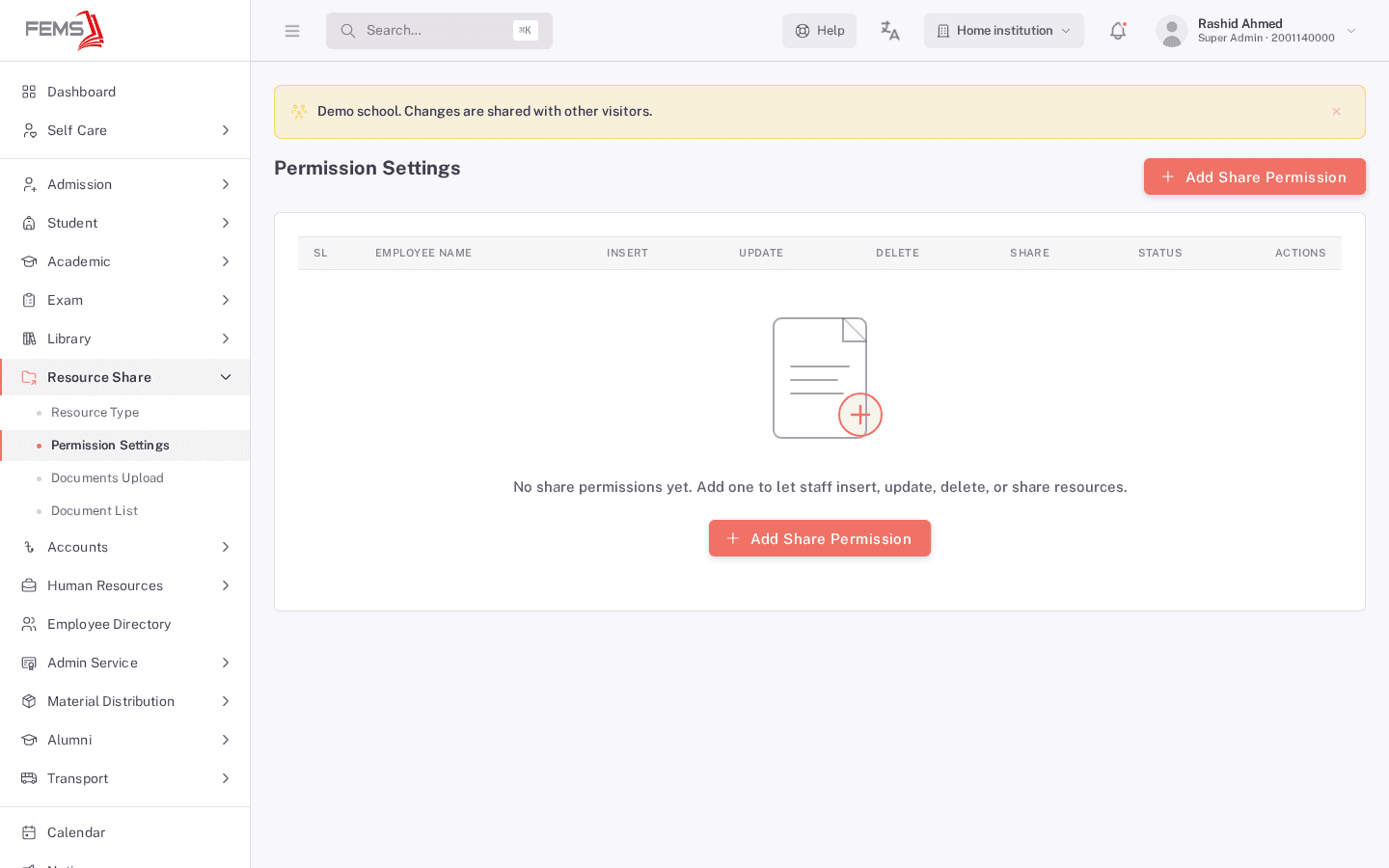 Permission Settings showing the empty state: No share permissions yet. Add one to let staff insert, update, delete, or share resources.