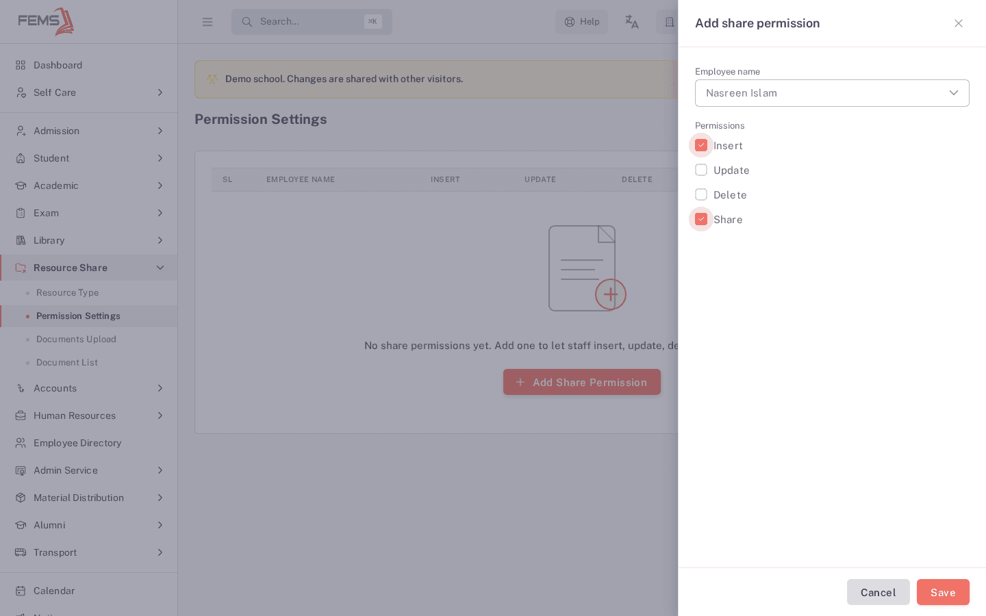 The Add share permission dialog with an employee selected and the Insert and Share checkboxes ticked