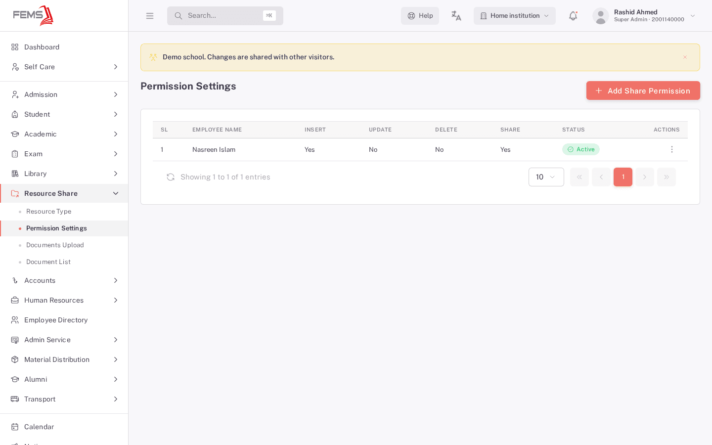 Permission Settings list after saving, showing one employee row with Insert and Share marked Yes