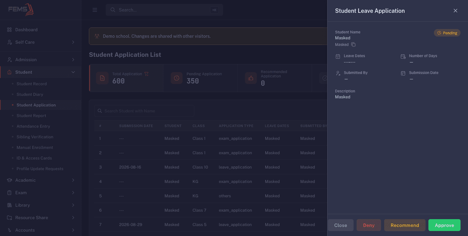 A student application drawer with personal values masked