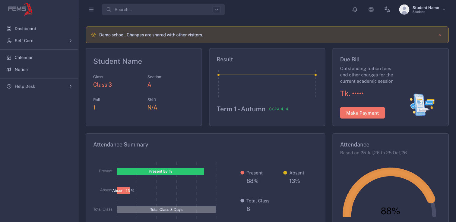 Student dashboard with identity and due amount masked