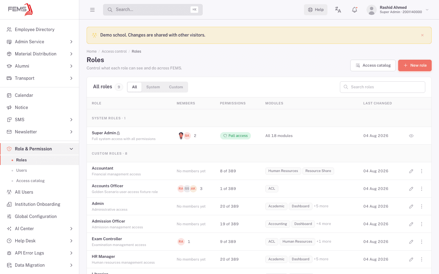 The Roles list under Role & Permission, showing built-in and custom roles with their member counts and modules