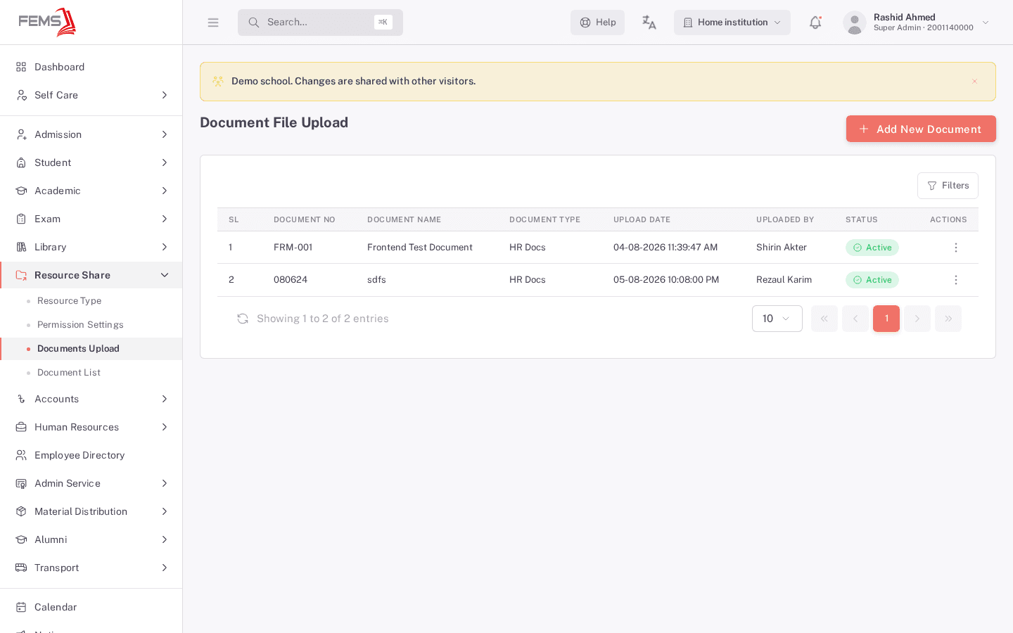 Documents Upload list showing two existing documents, FRM-001 and 080624, both Active