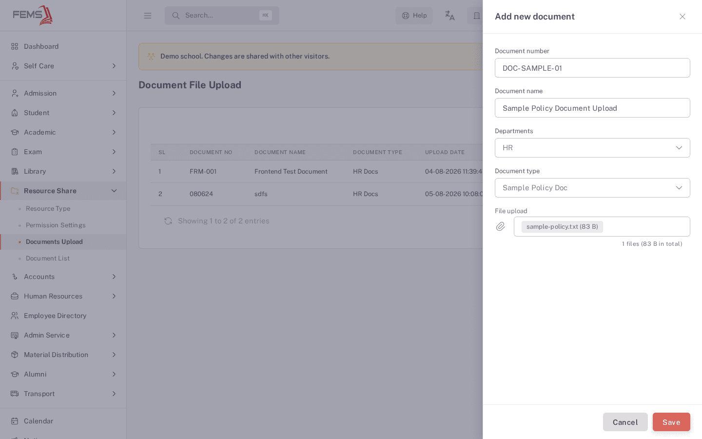 The Add new document dialog filled in with a document number, name, HR department, Sample Policy Doc type, and an attached file