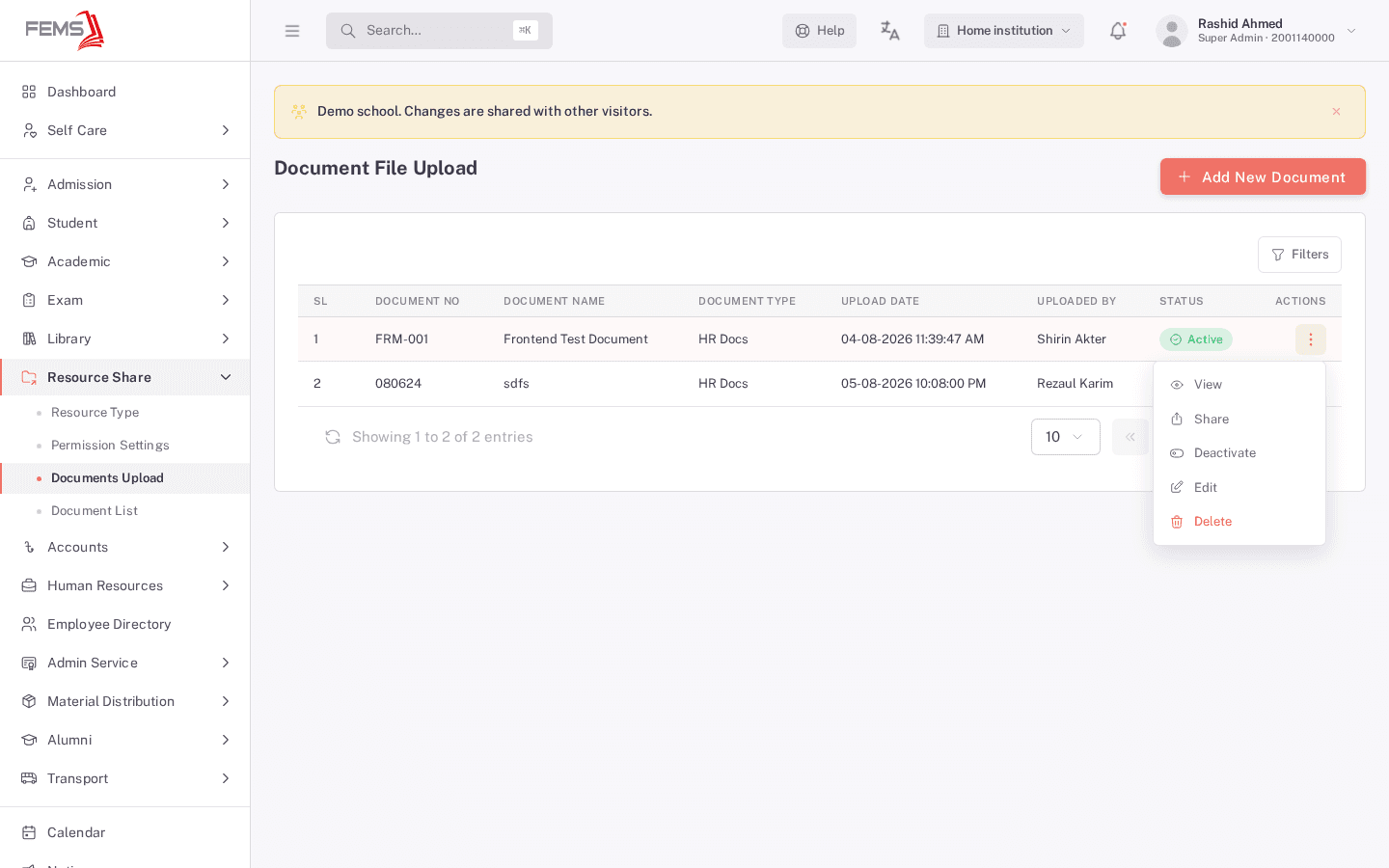 The row actions menu open on a document, showing Share, Deactivate, Edit, and Delete