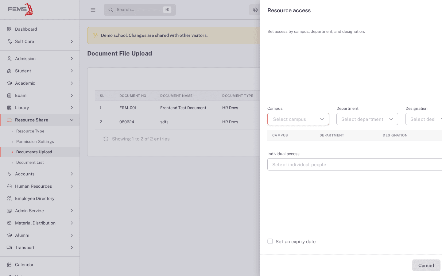 The Resource access dialog, empty, with Campus, Department, and Designation fields and an Individual access field