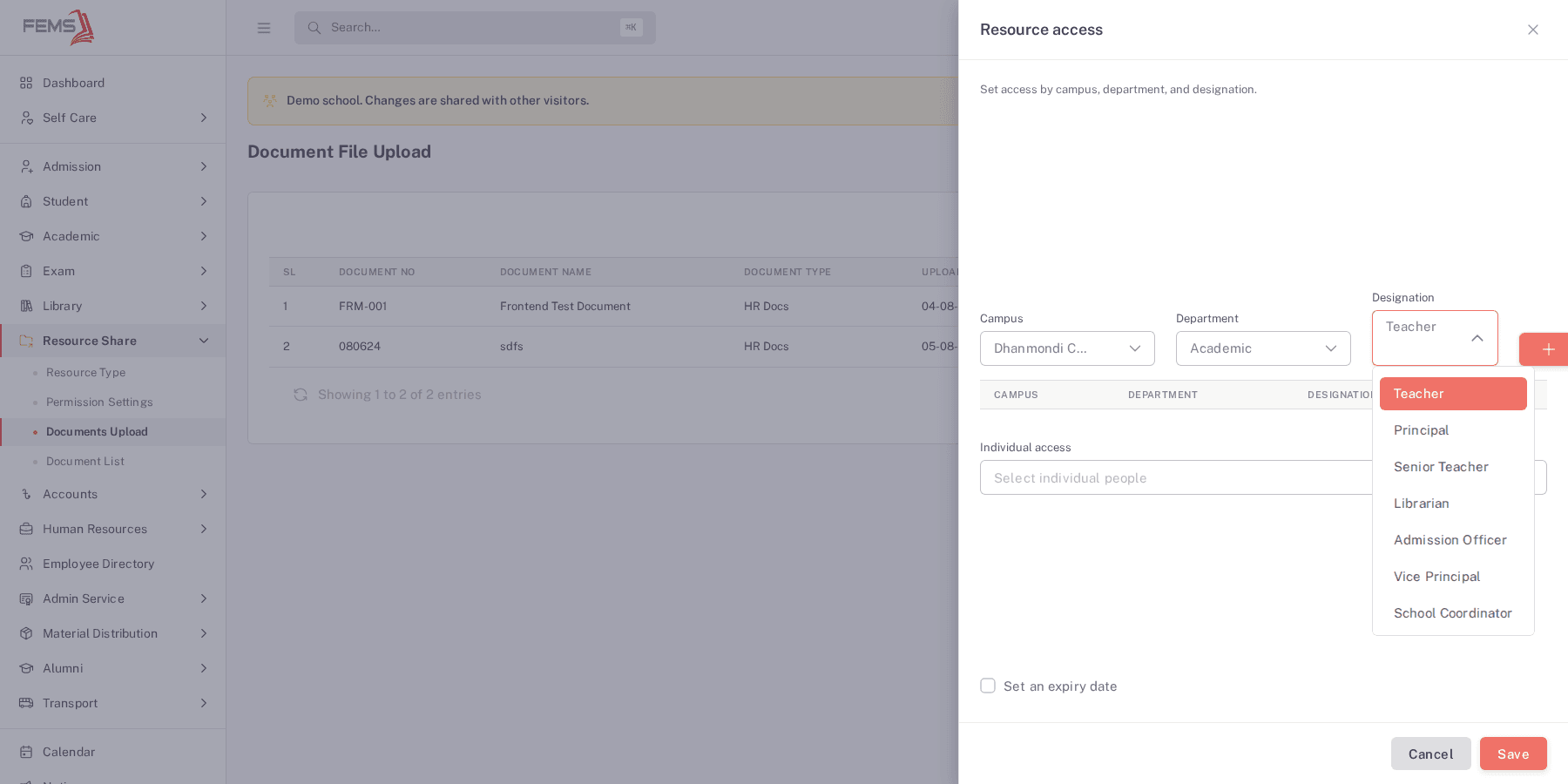The Resource access dialog with Campus set to Dhanmondi Campus, Department set to Academic, and the Designation dropdown open showing Teacher, Principal, Senior Teacher, and other options