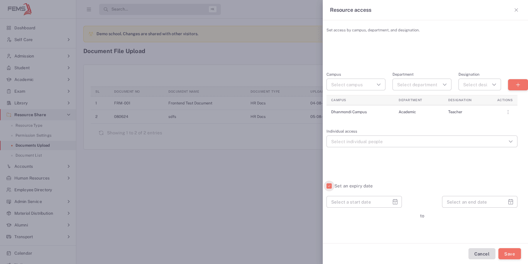 The Resource access dialog with Set an expiry date ticked, showing Select a start date and Select an end date fields side by side
