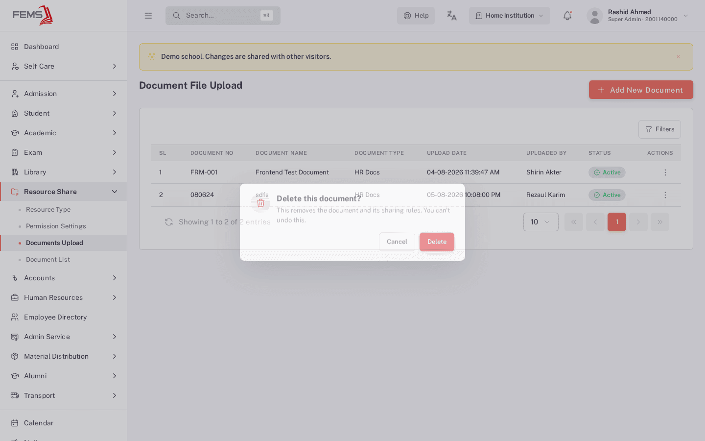The Delete confirmation dialog: "Delete this document? This removes the document and its sharing rules. You can't undo this." with Cancel and Delete buttons