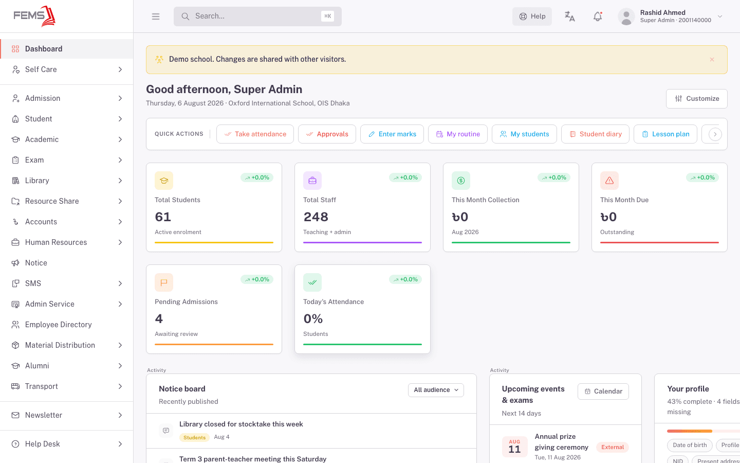The FEMS dashboard after signing in, showing quick actions and summary widgets